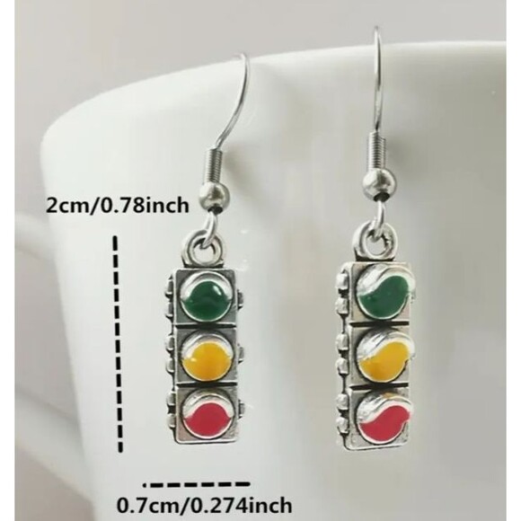 Stop Light Earrings Silver Dangle Red Green Yellow - Picture 4 of 8
